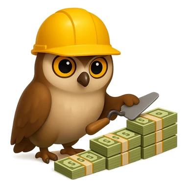 В стилистике эмоджи сгенерируй сову, она в строительно шлеме смотрит ровно на зрителя, но при этом сосредоточено мастерком для цемента выкладывает пачки долларов по переднему плану будто они кирпичи, пачки идут в возрастающем порядке, картинка символизирует "управляемый рост выручки", прозрачный фон sticker