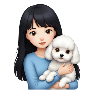A beautiful girl with long black hair and bangs hugs a little Bichon Frise tightly sticker