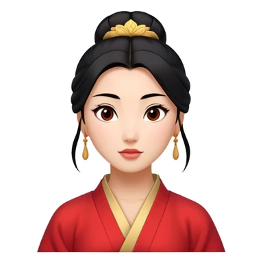 Cinematic Elegant Mulan Portrait Emoji, rendered in a realistic, vector-style with minimal shading and bold, simplified shapes. Depict Mulan (chest and above) with warm, light-toned skin, almond-shaped eyes, and sleek black hair styled in a traditional bun. She wears a modest, traditional robe with subtle red and gold accents, glowing with a soft, refined radiance and high shine, capturing timeless beauty and inner strength. sticker
