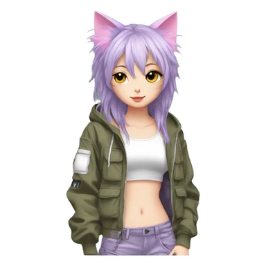 Edgy cool shy beautiful pretty anime punk tomboy with cat ears techwear cargo pants hoodie sticker