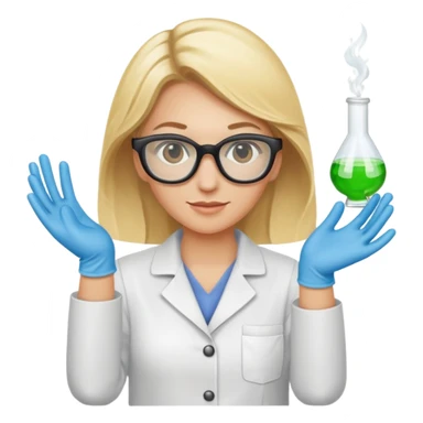 Eine hellblonde Chemikerin mit Kittel, Handschuhen großer Labor-Sicherheitsbrille und typischem Erlmeyerkolben in der Hand sticker