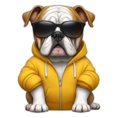 a bulldog wearing a hoody an has a sunglasses sticker