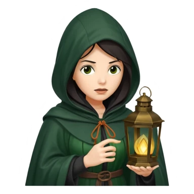 traitor tv show, dark haired woman wearing dark green cloak with hood up who looks very evil, is holding up a lantern, and looking down sticker