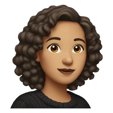 Hispanic woman in 40’s curly hair shoulder length big eyes black sweater sticker
