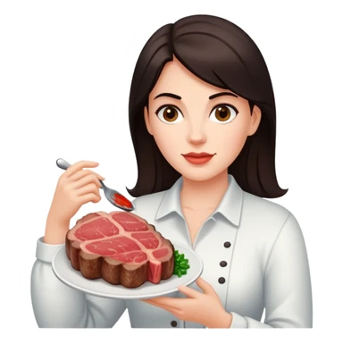 White Woman with dark hair holding a ribeye steak  sticker
