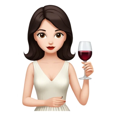 Beautiful woman in 1965’s woman fashion look, white dress, long dark brown hair, wine, sticker