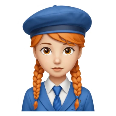 orange braided hair girl, wearing white shirt, Blue Necktie and a brown berret Hat sticker