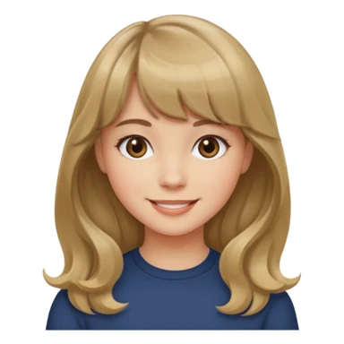 A girl with wavy, dark blonde hair, straight bangs, and straight eyes. She is smiling. sticker