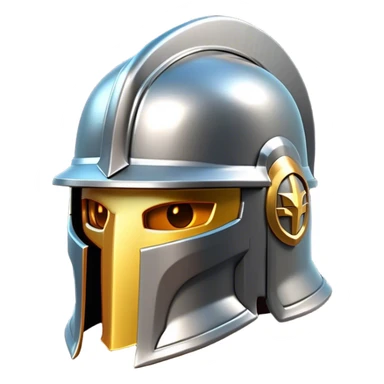 Clash of Clans aesthetic: Cinematic heroic Steel full face Helm Emoji, rendered in a 3D vector-style similar to standard emojis with minimal shading and bold, simplified shapes. A compact, isometric helmet crafted of shining steel with intricate engravings and a protective visor, softly glowing with a noble warrior charm. Simplified yet unmistakably iconic, highly detailed and consistent, glowing with a soft radiant gleam and high polish. Stylized with a touch of chivalric tradition and a soft glowing outline, capturing the essence of a stalwart battle helm with a friendly, playful manner! sticker
