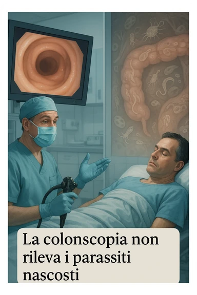A medical cinematic illustration showing a patient undergoing a colonoscopy in a modern clinical setting. On the monitor, the endoscopic camera shows smooth, healthy-looking intestinal mucosa — clean and without evidentiary signs. But layered symbolically in the background (or faded into the intestinal wall), tiny parasitic organisms like protozoa and helminths are subtly depicted hiding between folds, or embedded deeper in tissues, undetectable by the surface-only scope. The doctor gestures with confidence, while the patient remains unaware that the test might not reveal the true underlying infection. The scene has cool clinical lighting, shallow depth of field, and realistic anatomy, overlaid with symbolic, almost ghost-like imagery of parasites in italiano sticker