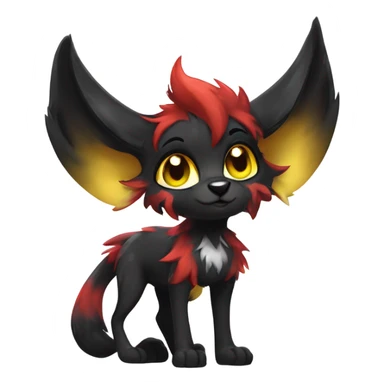 black Shiny Fionbri-Falvie-sparkle-sona with yellow eyes, red edgy markings full body fursona sticker