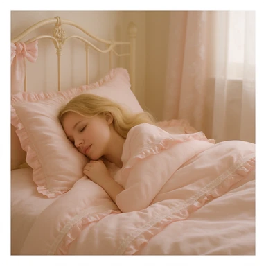 Side view of a girl with blonde hair, eyes closed, tucked into a baby pink Coquette bed, delicate and feminine details, soft pastel colors, gentle lighting sticker