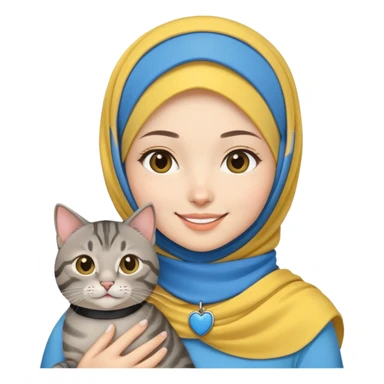 Asian White girl wearing yellow hijab holding a black grey tabby cat while smiling. The cat is wearing a blue collar sticker