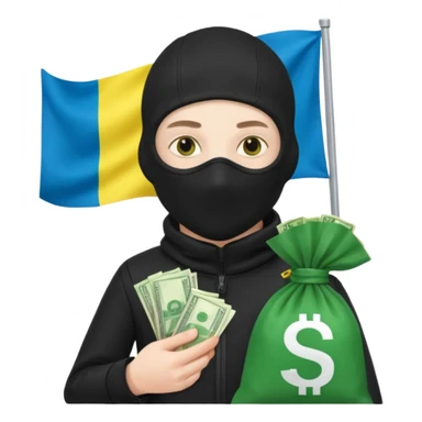 create an incredibly realistic white thief in a black suit and balaclava with a bag of money and a Ukrainian flag on it sticker