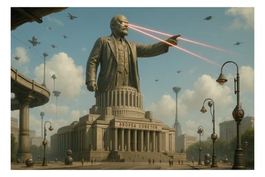 Дворец Советов реалистичный, как на фото. В стиле Atomic Heart, ретрокиберпанк. Упор на 100-метровую фигуру Ленина, у которой из глаз прожекторы лазерные. Светло, день sticker