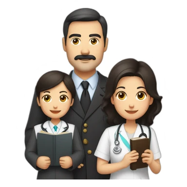 father american middle age with dark brown hair mustache and trimmed beard wearing a suit holding a bible, mother asian middle age with black shoulder length hair wearing a nurse uniform sticker