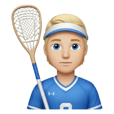 Blonde white with blue eyes lacrosse guy holding one lacrosse stick wearing blue and white gear  sticker