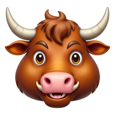 Cinematic Comical Domestic Ox Portrait Emoji, Head tilted dramatically with an exaggeratedly amused expression, featuring a striking, glossy hide with boldly curved horns and wide, expressive eyes brimming with playful disbelief, Simplified yet hilariously expressive features, highly detailed, glowing with a slightly sassy earthy glow, high shine, dramatic yet playful, stylized with an air of cheeky rural mischief, soft glowing outline, capturing the essence of a spirited and over-the-top ox that looks ready to charge its way into internet fame instantly! sticker