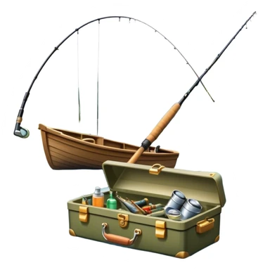 Icon for Fishing: a boat on the shore of a peaceful water body with a beautiful natural landscape, a fishing tackle box, a spinning rod. The icon should capture the tranquility and gear of a fishing adventure. Without frame. Transparent background. sticker