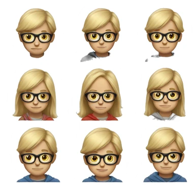 A blond young boy with glasse and a very big mou sticker