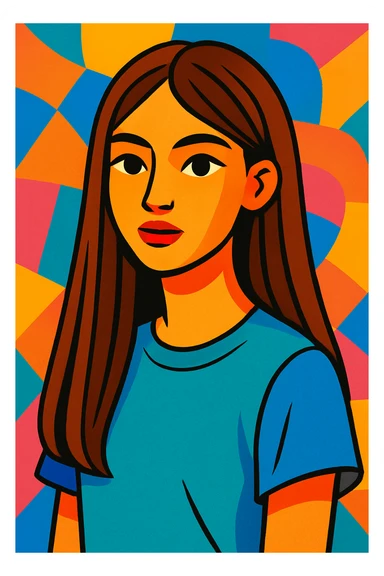 girl with long straight brown hair, modern illustration style, vibrant and colorful sticker
