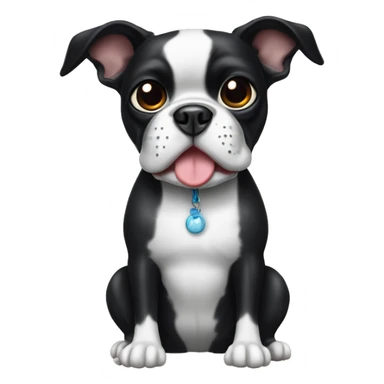 Black and white Boston terrier with dark eyes holding toy sticker