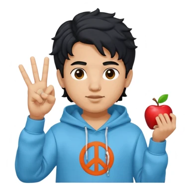 An indian boy in a light blue hoodie with wavy flow hairstyle showing peace sign, with black hair color, apple memoji style sticker