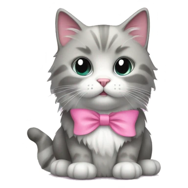 grey and white fluffy cat with pink bow collar  sticker