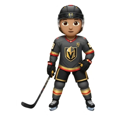 A hockey player in a Vegas Golden Knights black & gold jersey, red accent glow, centered stance, stick on the ice, confident posture. Background subtle red aura with a knight-helmet inspired motif. Clean, bold, emoji-style. sticker