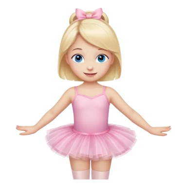 Little blonde girl doing ballet in a pink tutu and ballet slippers, cute emoji style, soft colors, happy expression, with blue eyes sticker