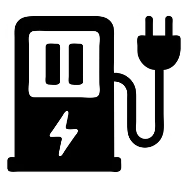 minimalist EV charging paused icon, filled style, clear pause symbol, electric vehicle charging cable, modern, simple, solid black sticker