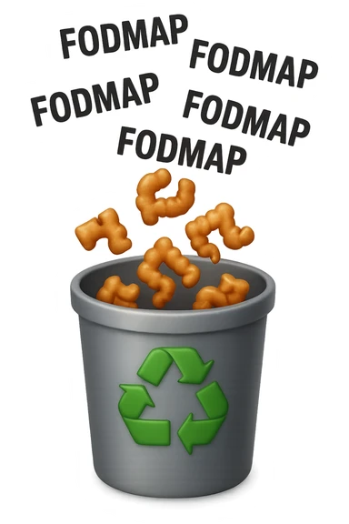 cinque scritte piccole "FODMAP" e piccoli pezzi di colon cadono in un secchio della spazzura con simbolo "recycle" sopra, stile emoji iphone, iperrealistico 4k sticker