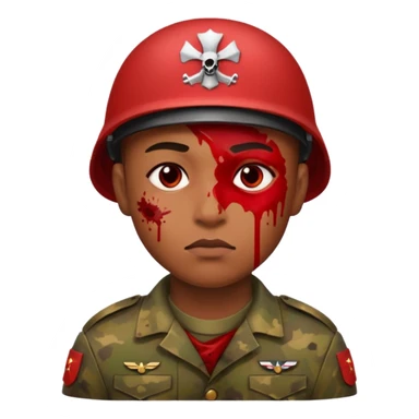 soldier with red skin tone, neutral expression, blood splatter on left cheek sticker