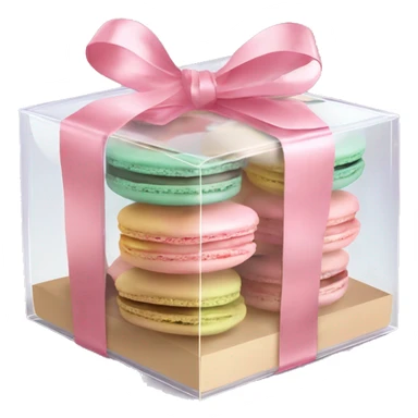 Realistic flat transparent clear take away food box with pastel macaron cookies inside the box with ribbon bow tied around the box. sticker