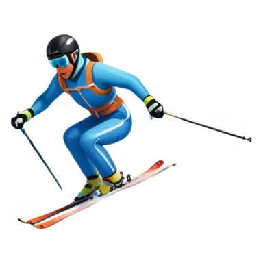 An icon featuring snowy peaks, pine trees, and a picturesque mountain landscape with a skier racing down a snow-covered slope. The sky is blue with soft clouds, capturing the thrill and beauty of alpine skiing. Transparent background highlights the excitement and serenity of winter sports. sticker