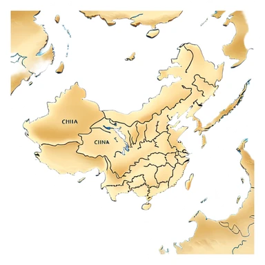 Cinematic-realistic outline of china, featuring its distinct landmass with accurately defined coastlines. The deep blue ocean surrounds the golden-brown continent, with subtle topographic shading to highlight its terrain. A soft glowing effect enhances the edges, making the shape stand out against a neutral, textured background. sticker