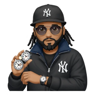 African American Man with shoulder length black dreadlocks with black beard wearing black sunglasses wearing a black bubble winter coat and a New York Yankees logo baseball cap checking the time on his wrist watch sticker