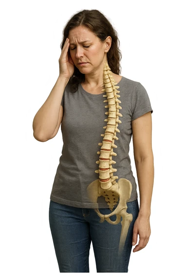 donna stanca a figura intera che si tiene una mano sulla tempia con spina dorsale anatomica visibile, iperrealistico 4k sticker