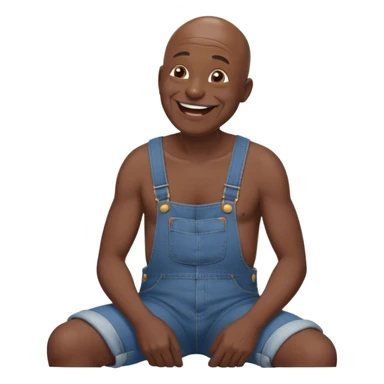 Side view Laughing telling story Old bald black man sitting wearing overalls no shirt sticker