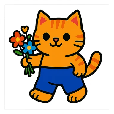 a chubby kitten in pants with a bouquet of flowers sticker