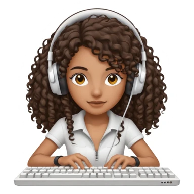 Brown skin Spanish girl with long dark curly hair, wearing a white gaming headset and playing on keyboard with a gaming mouse i sticker
