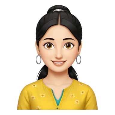 generate a pretty bratz emoji that looks like Kareena Kapoor's Geet character. 
Make her wear a yellow kurti, silver hoops, black hair in a ponytail. smiling big

She should look like Kareena Kapoor sticker