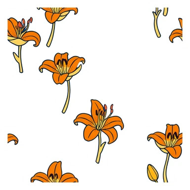 Artistic Japanese tiger lily (oniyuri) flower with stylized composition reminiscent of kimono patterns, orange recurved petals with black spots, gold accents, on indigo background sticker
