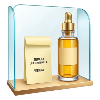 luxury serum bottle with luxury brand label on a shelf, blank sticky note next to it sticker