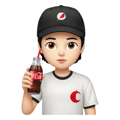 generate a pretty bratz boy with a nike black baseball cap, a white tshirt and drinking coke , black hair sticker