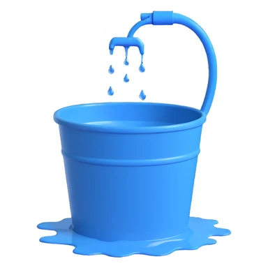 blue bucket of water with a visible leak, water dripping out sticker