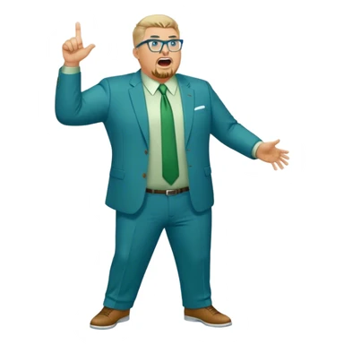 Full Body plus size white male yelling basketball team manager with glasses blondish gray short hair with a goatee wearing blue and green suit sticker