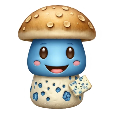 Smiling mushroom holding a stinky blue cheese sticker