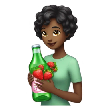 black girl, brown eyes, short black hair hugging a bottle of strawberry volvic sticker