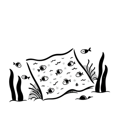 hand-drawn doodle of a carpet on the sea floor, with simple fish and plants sticker